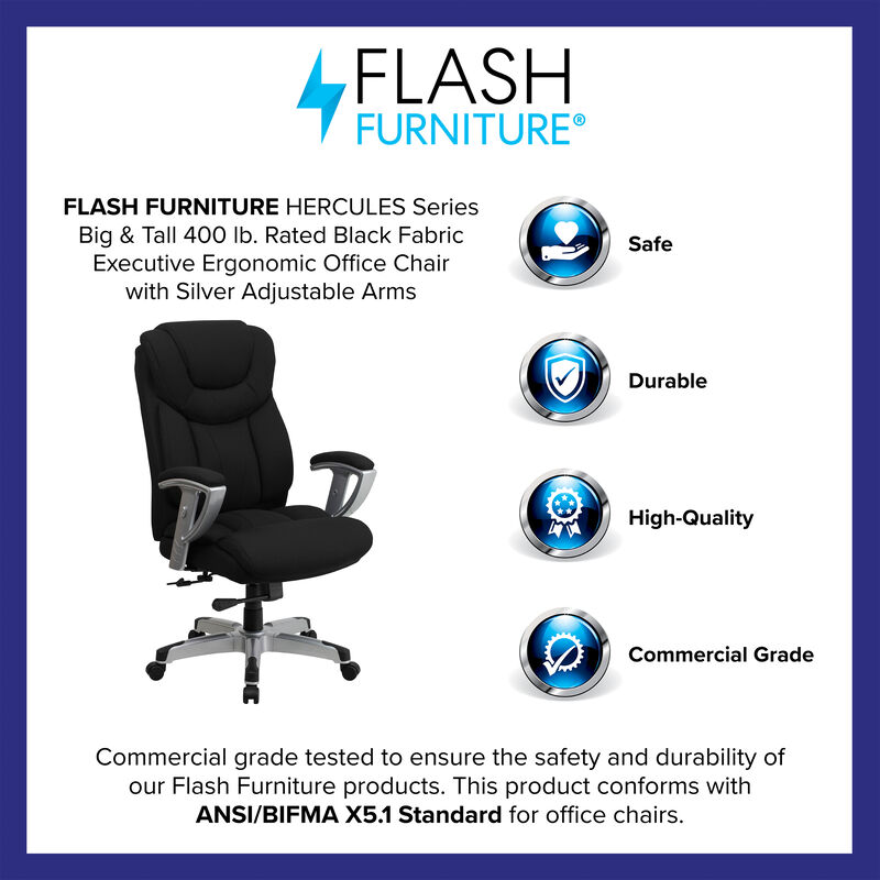 HERCULES Series Big & Tall 400 lb. Rated Black Fabric Executive Ergonomic Office Chair with Silver Adjustable Arms