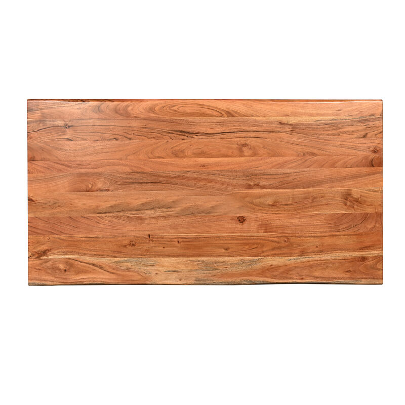 67 Inch Rectangular Dining Table with Crossed Black Metal Legs and Natural Brown Faux Live Edge Acacia Wood Top-Benzara