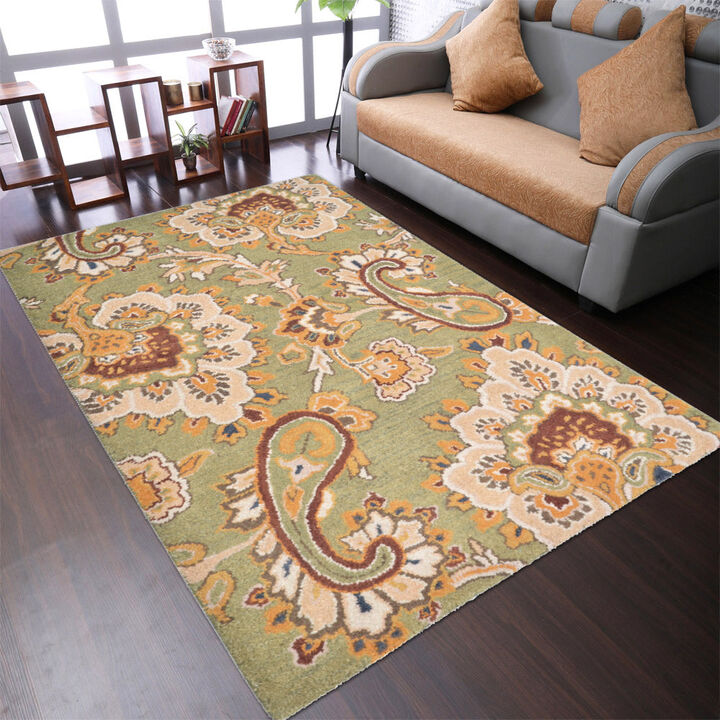 RUGSOTIC CARPETS HAND TUFTED WOOL ECO-FRIENDLY AREA RUGS  - 8'x10', Rectangle Shape, Green, Floral Modern Design, High Pile Thick Handmade Anti Skid Area Rugs for Living Room, Bed Room (K00151)
