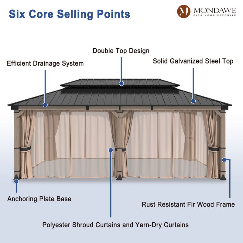 Mondawe Beverly Hills 12 ft. x 20 ft. Outdoor Fir Solid Wood Frame Patio Gazebo Canopy Shelter Galvanized Steel Hardtop with Netting And Curtain