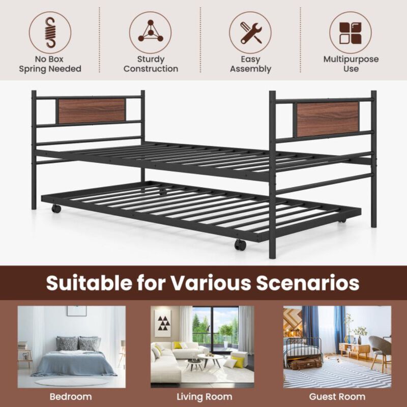 Hivvago Twin Size Metal Daybed with Trundle and Wood Grain Headboard