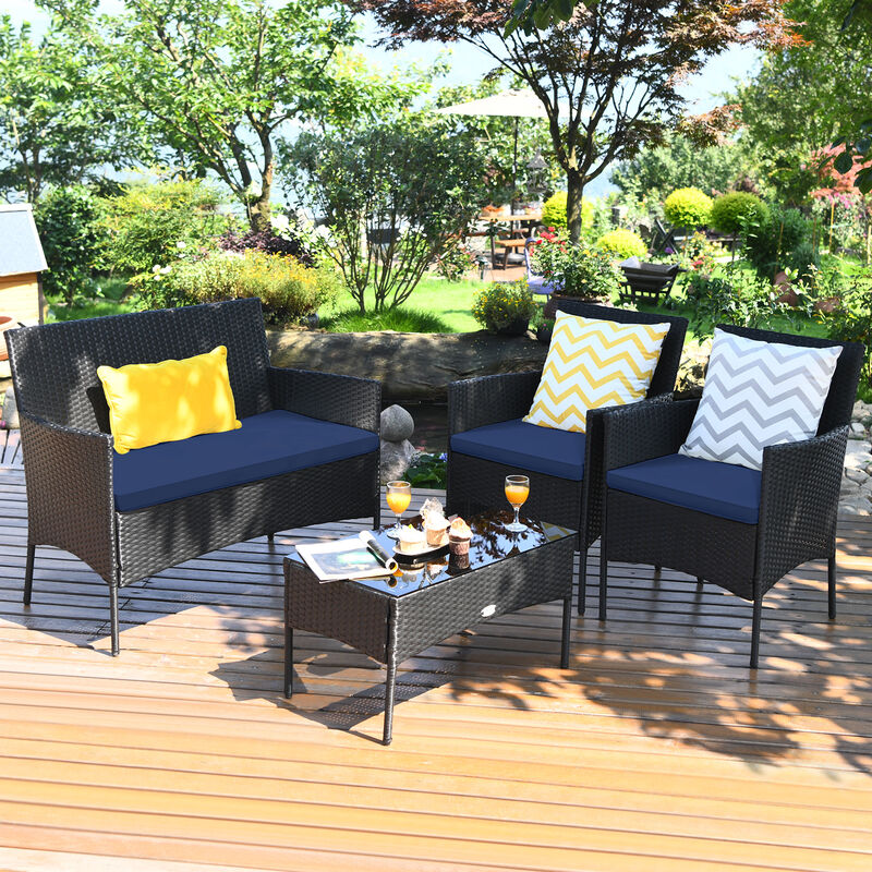 4 Pieces Patio Rattan Cushioned Sofa Set with Tempered Glass Coffee Table-Navy