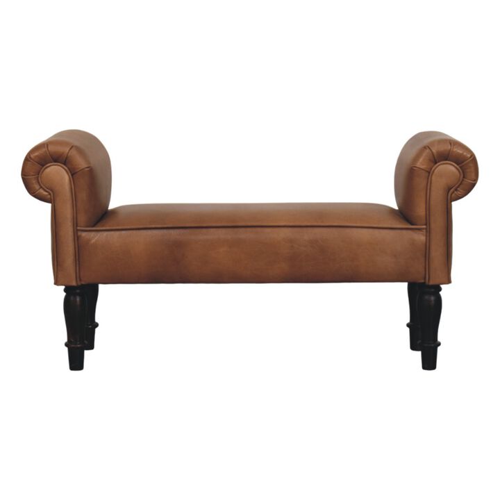 Artisan Furniture Solid Wood Brown Buffalo Leather Rolled Arms Bench