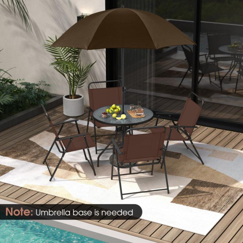 Hivvago 6 Pieces Patio Dining Set Folding Chairs Glass Table Tilt Umbrella for Garden