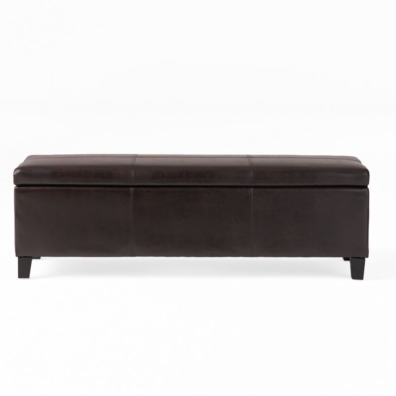 Elias Storage Ottoman Bench, Detailed Brown Faux Leather, 51 Inch -Benzara