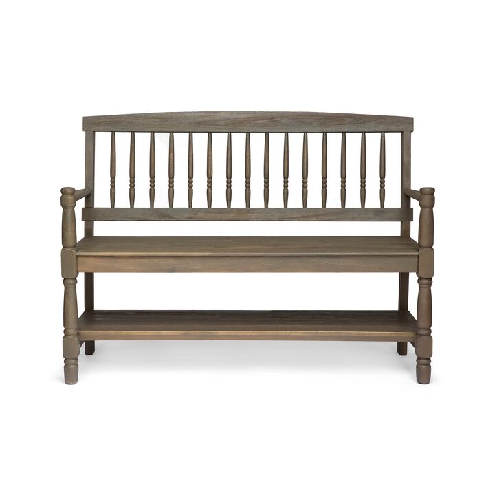Ikra Outdoor Bench, Built-In Shelf, 51 Inch, Carved Gray Acacia Wood - Benzara