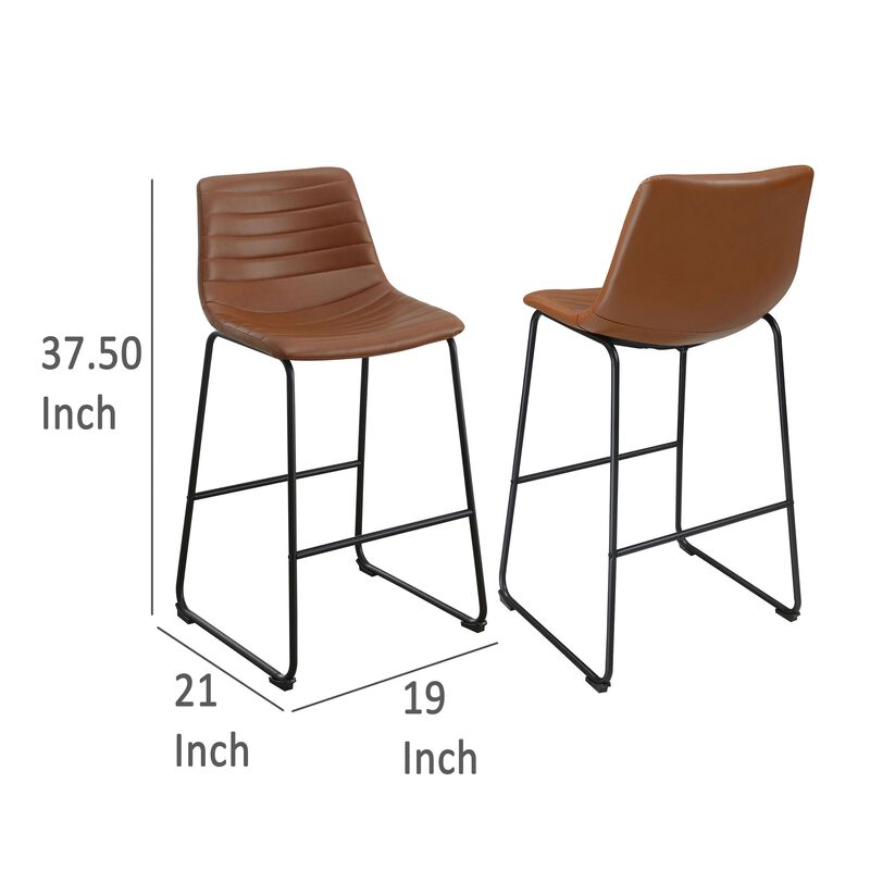Zuno Counter Height Chair Set of 2, Brown Faux Leather, Black 26 Inch - Benzara
