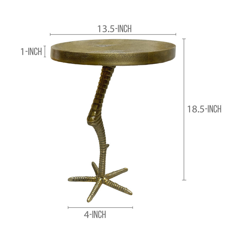 19 Inch Side End Table, Antique Brass Aluminum Cast, Round Top with Handcrafted Textured Crane Leg Stem - Benzara