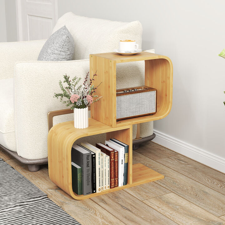 2-Tier S-Shaped Wicker Bookcase with 2 Open Cubes for Living Room