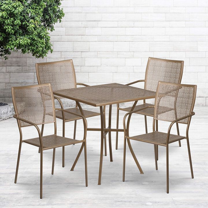Flash Furniture Oia Commercial Grade 28" Square Gold Indoor-Outdoor Steel Patio Table Set with 4 Square Back Chairs