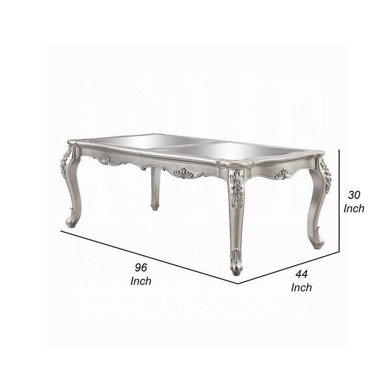 Bowe Dining Table, 80-96 Inch, Mirrored, Classic Champagne Silver Wood - Benzara