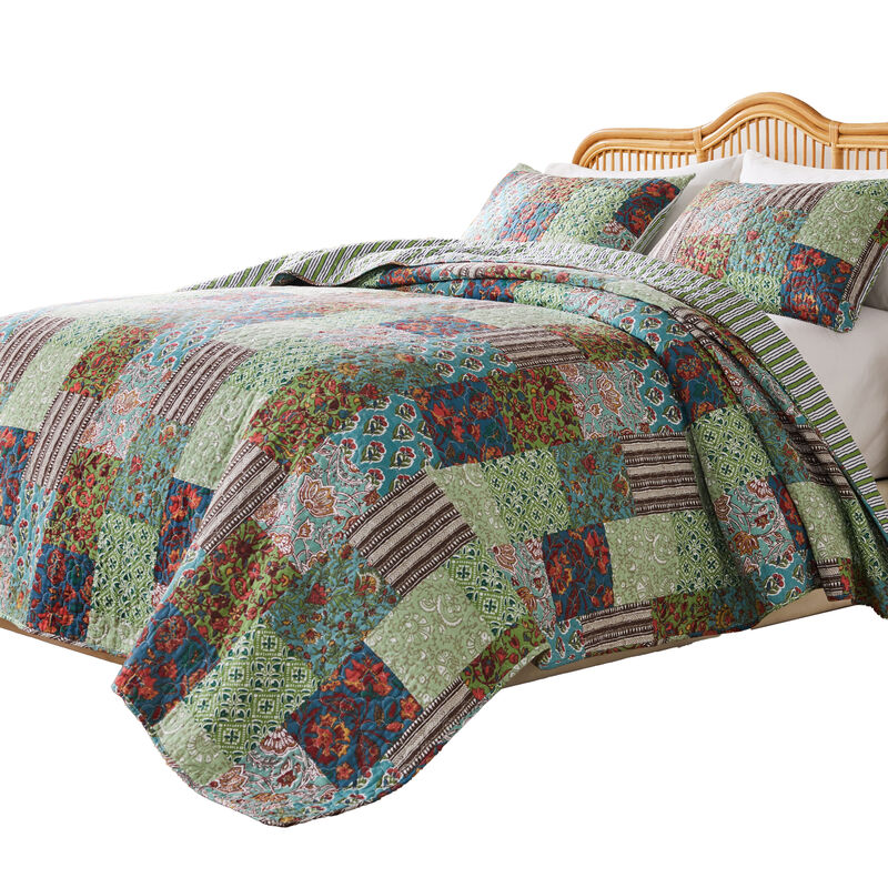 Aby 3pc Full/Queen Quilt Set, Reversible Patchwork, Jade Green Cotton