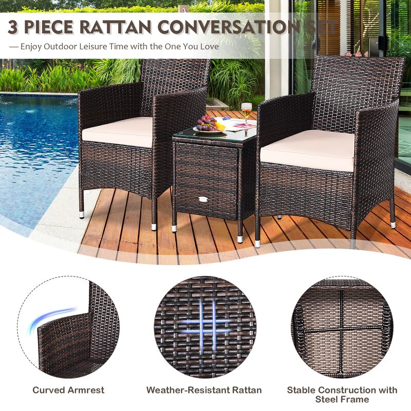 3 Pieces Ergonomic Wicker Patio Conversation Set-Beige