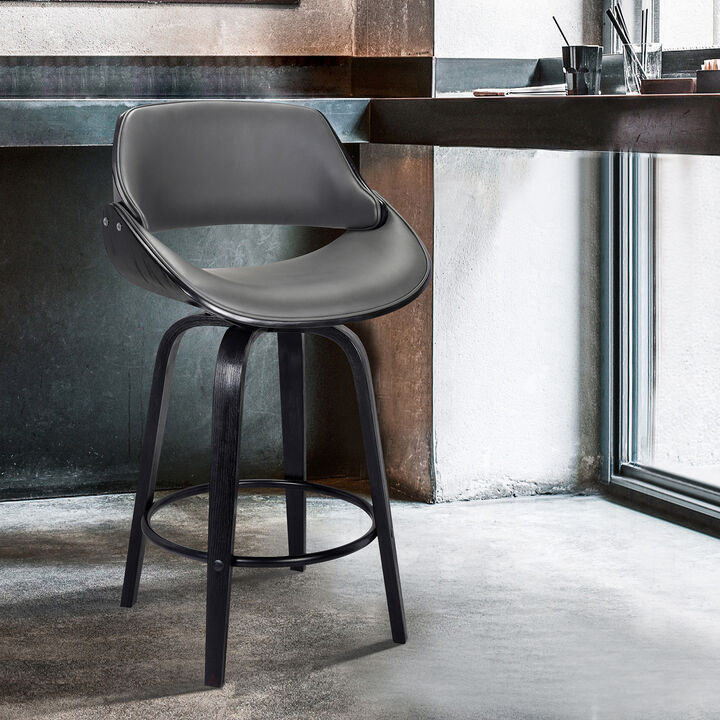Mona  Counter Height Swivel Grey Faux Leather and Black Wood Bar Stool