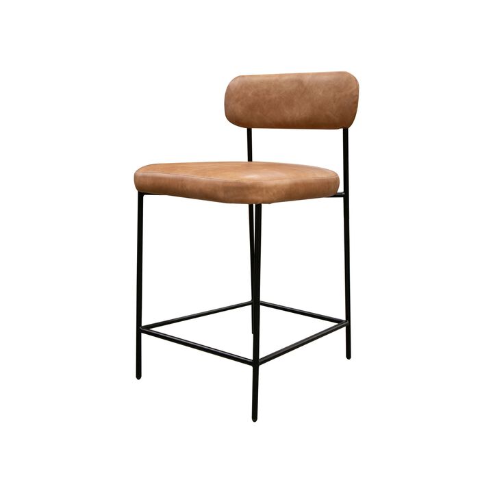 Iffa Counter Height Chair, Open Back, Black Iron, Cognac Brown Faux Leather - Benzara
