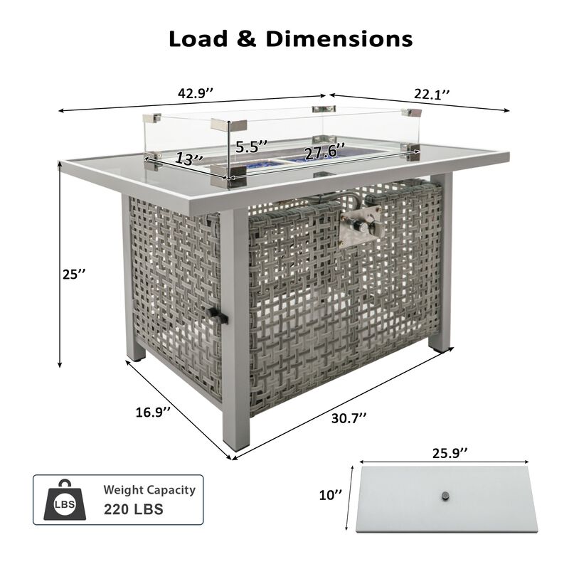 Merax 60000 BTU Rectangular Open Weave Wicker Fire Pit with Glass Wind Guard