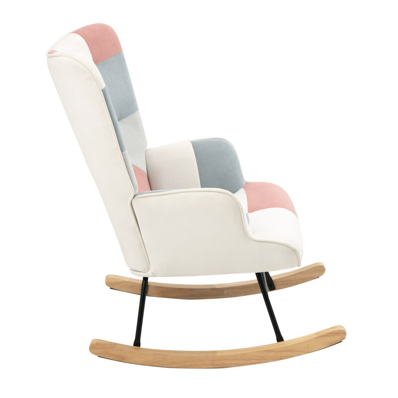 Rocking Chair ,Mid Century Fabric Rocker Chair with Wood Legs and Patchwork Linen for Livingroom Bedroom