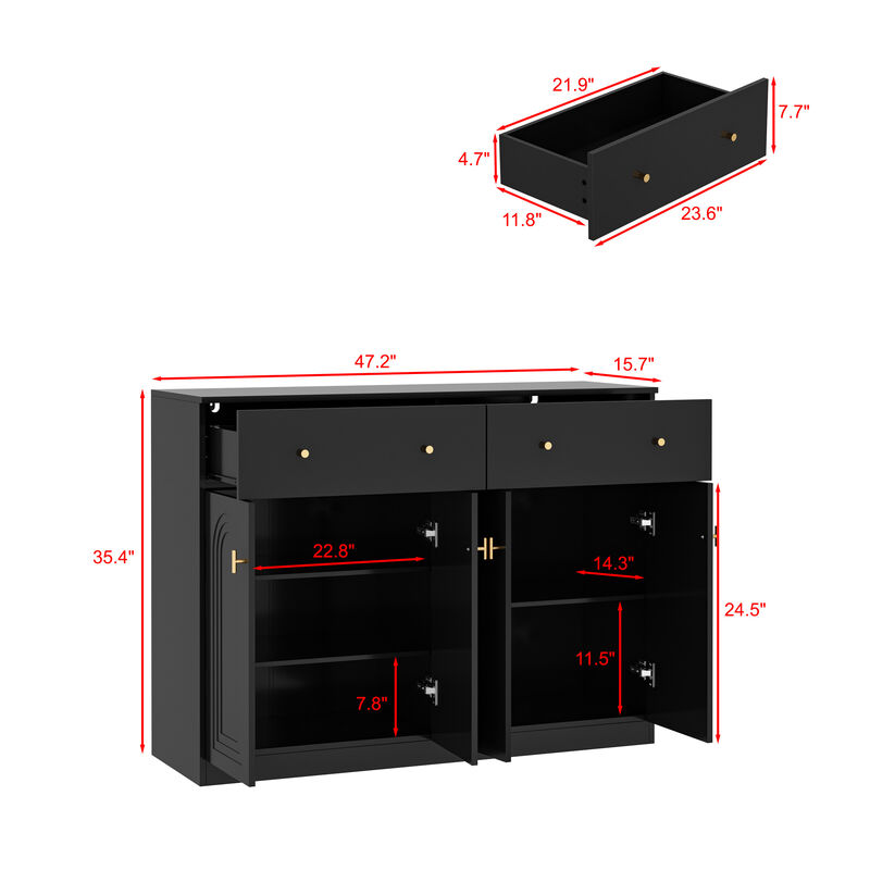 FUFU&GAGA Modern Black Shoe Storage with 2 Drawers & 4 Cabinet Doors, T-Shaped Door Design, Gold Handles, Adjustable Shelves (47.2" W x 35.4" H x 15.8" D), Black