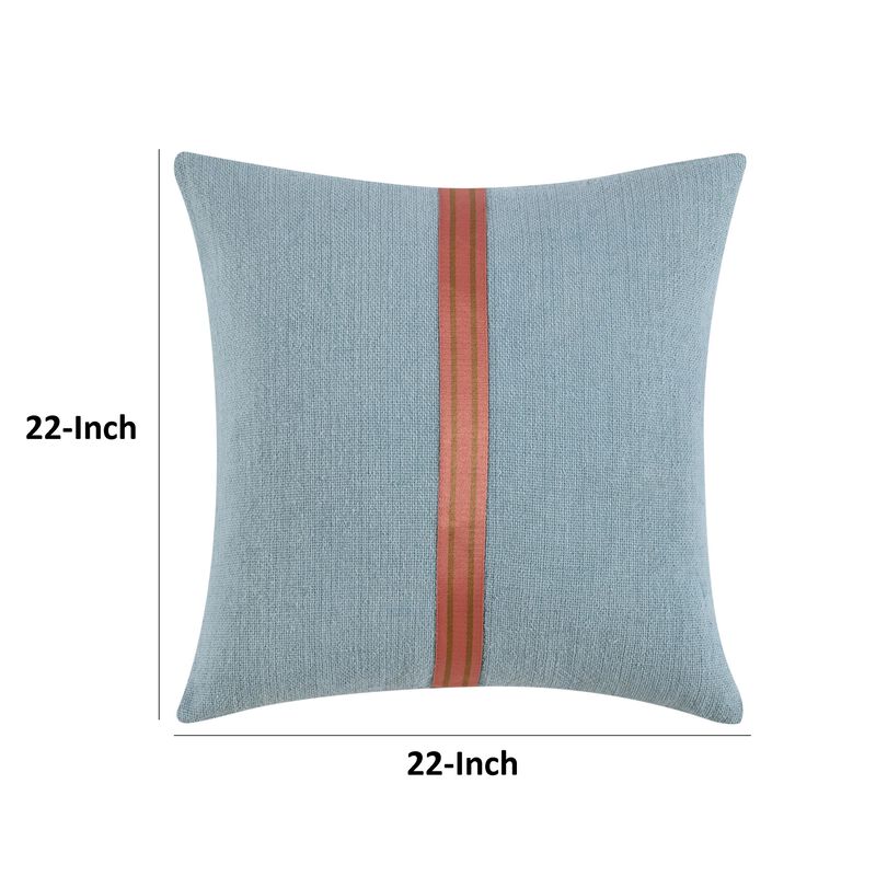 Reto Throw Pillow, 22 Inch Striped Tape Applique, Blue Cotton Linen - Benzara