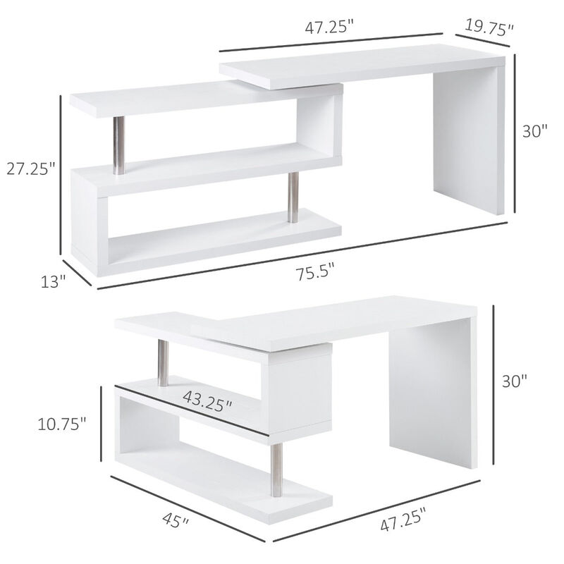 White Corner Workstation: L-Shaped Desk with 360° Rotating Design