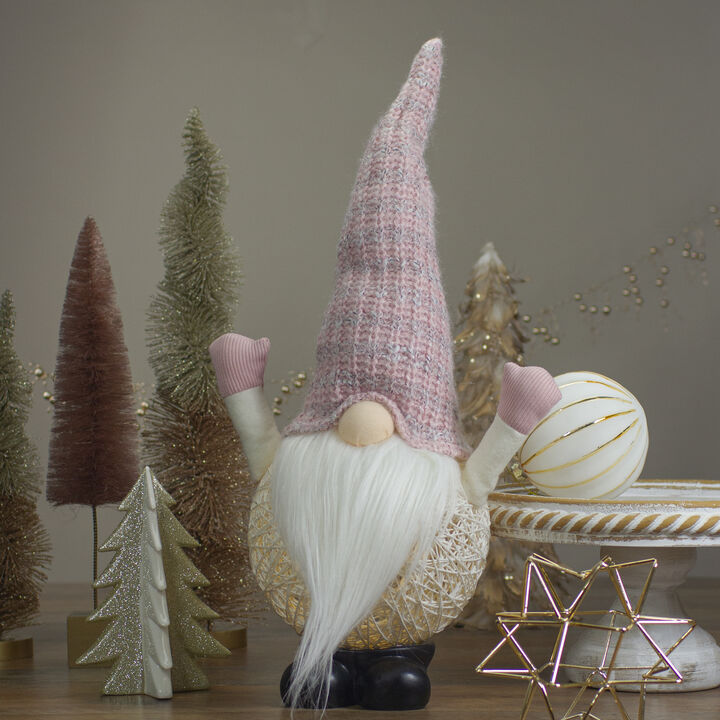19" Pink and White Rattan Christmas Gnome with Warm White LED Lights