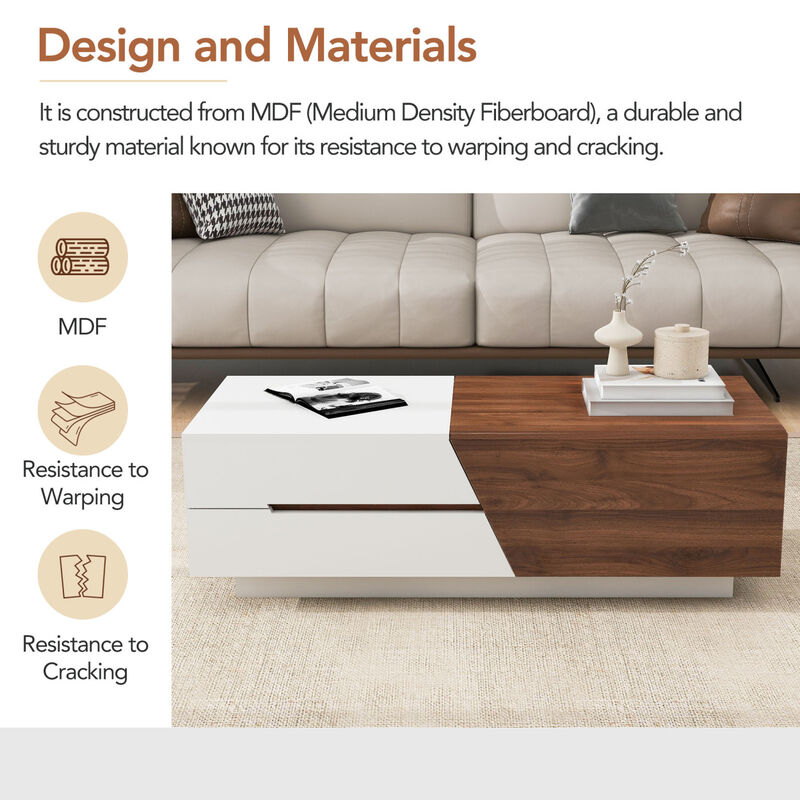 Modern Extendable Sliding Top Coffee Table With Storage In White & Walnut