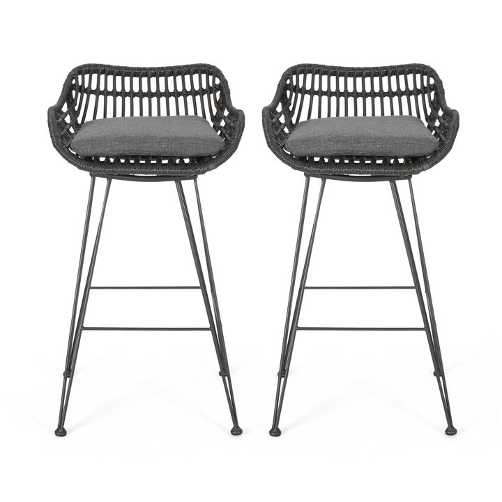 Modern Outdoor Wicker Barstools with Cushions (Set of 2)