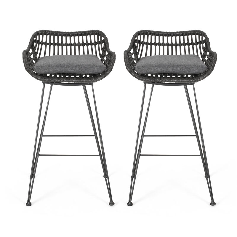 Modern Outdoor Wicker Barstools with Cushions (Set of 2)