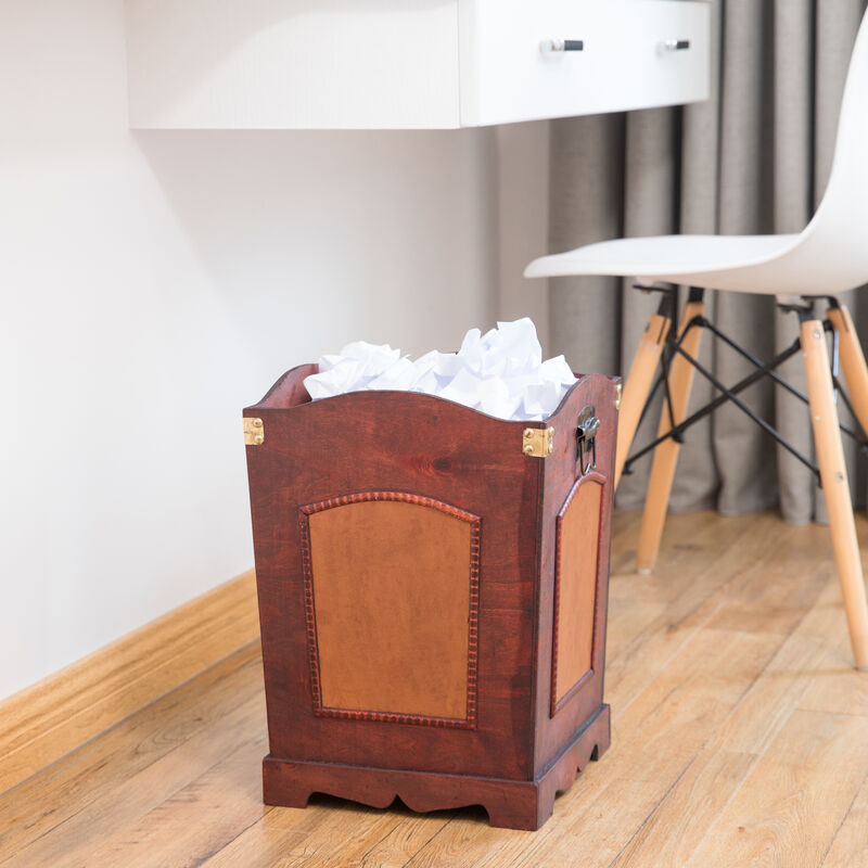 Rustic Cherry Wooden Decorative Trash Bin with Handles