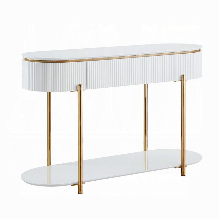 Tyce Sofa Table with Drawer, Shelf, 47 Inch Glossy White, Gold Metal - Benzara