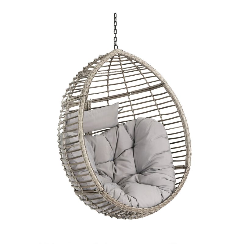 Jaya Outdoor Hanging Chair, Basket Shape, Gray Rattan, Steel, 47 Inch - Benzara