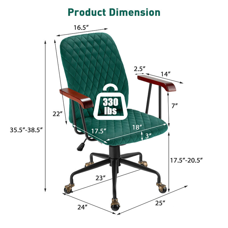 Costway Velvet Home Office Chair Swivel Adjustable Task Chair w/ Wooden Armrest Orange
