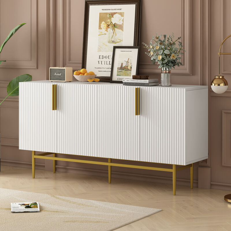 60" Modern Elegant 4-door Sideboard,Gold Metal Handle Storage Cabinet, White