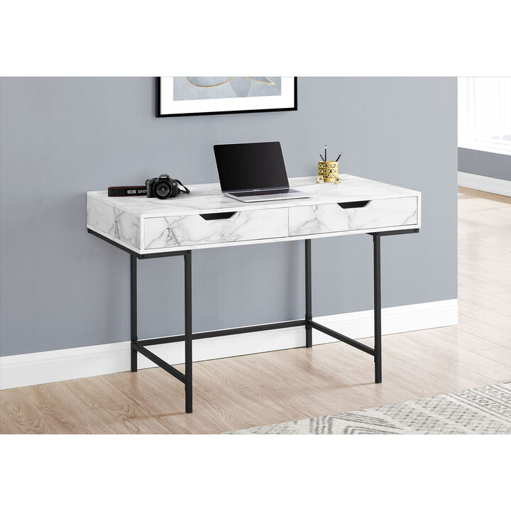 Monarch Specialties I 7558 Computer Desk, Home Office, Laptop, Storage Drawers, 48"L, Work, Metal, Laminate, White Marble Look, Black, Contemporary, Modern