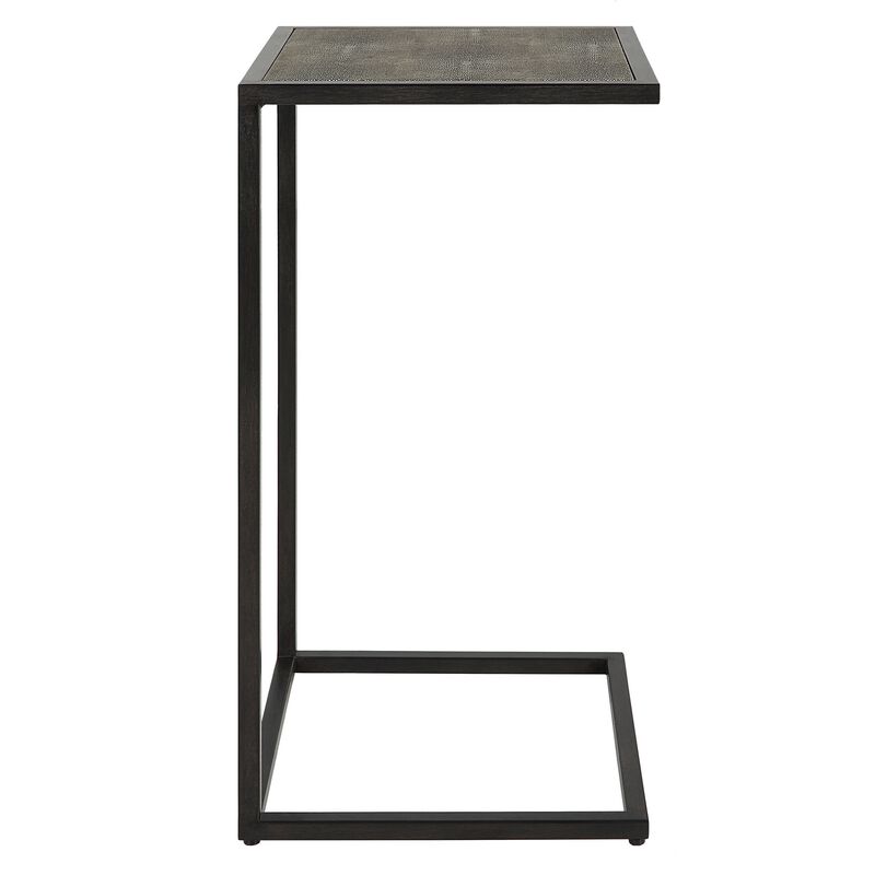 24 Inch Accent Table, Open C Shape, Gray Shagreen Top, Antique Black - Benzara