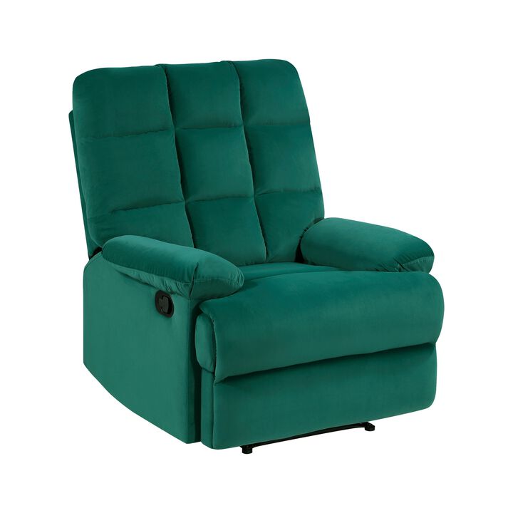 Patty 36 Inch Manual Recliner Chair, Cushioned, Green Velvet, Solid Wood - Benzara