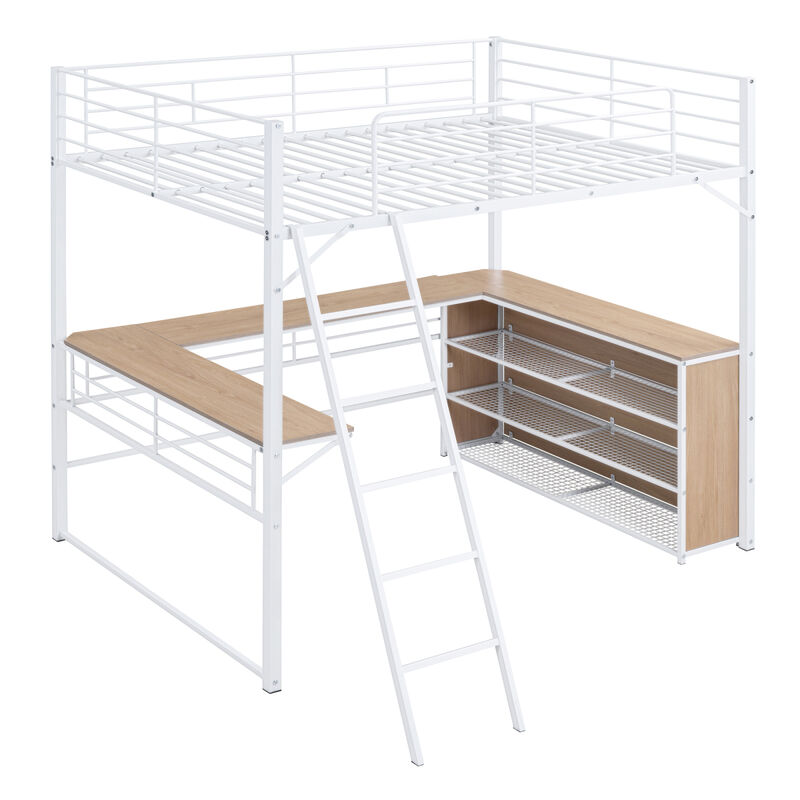Full Size Metal Loft Bed With 3 Layers Of Shelves And L-Shaped Desk, White