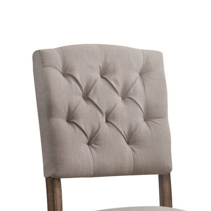 Dining Side Chair with Linen Tufted Back, Set of 2, Beige-Benzara