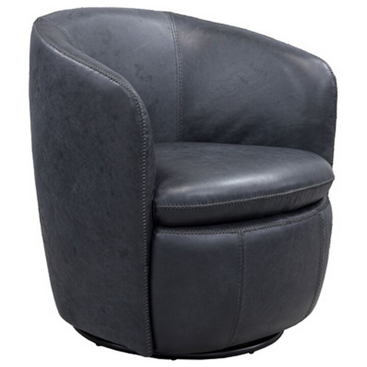 Niko Swivel Accent Chair, Round Barrel Design, Dark Blue Top Grain Leather -
