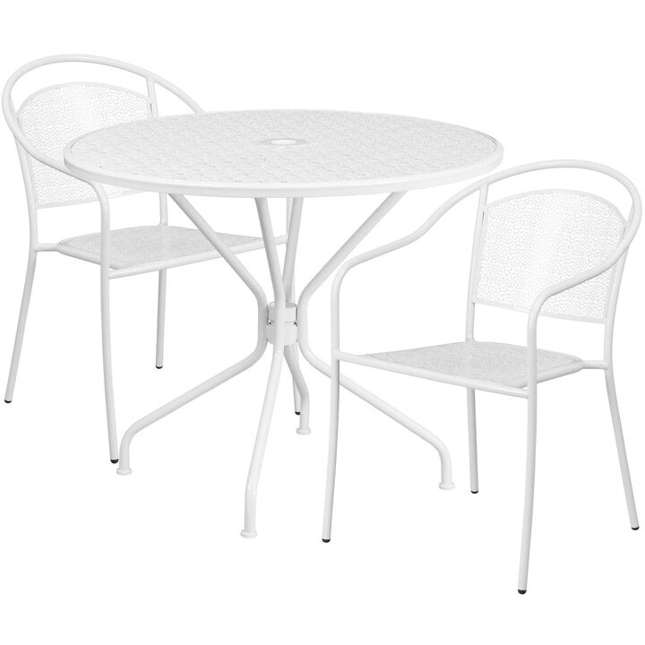 Flash Furniture Commercial Grade 35.25" Round Black Indoor-Outdoor Steel Patio Table Set with 2 Round Back Chairs