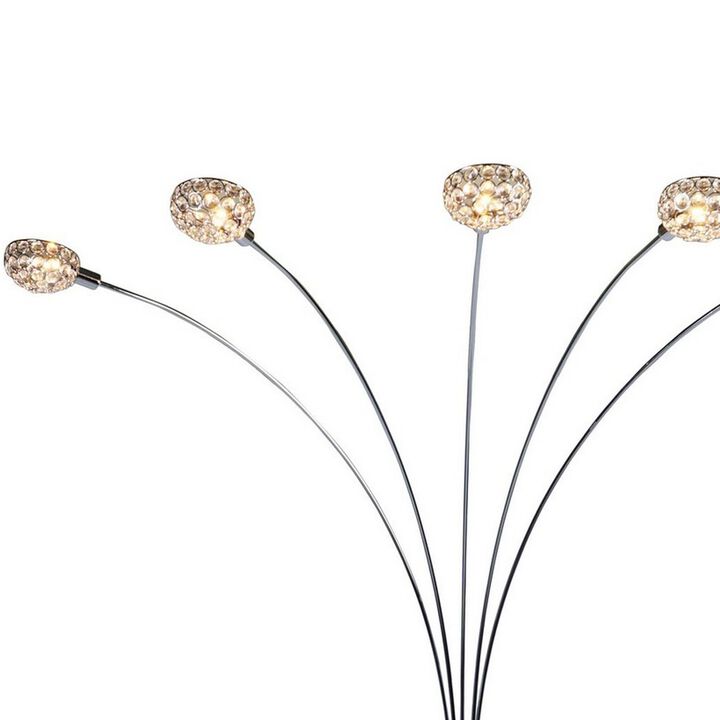 Arya 94 Inch 5 Light Arc Floor Lamp, Crystal Accents, Modern Style, Chrome-Benzara