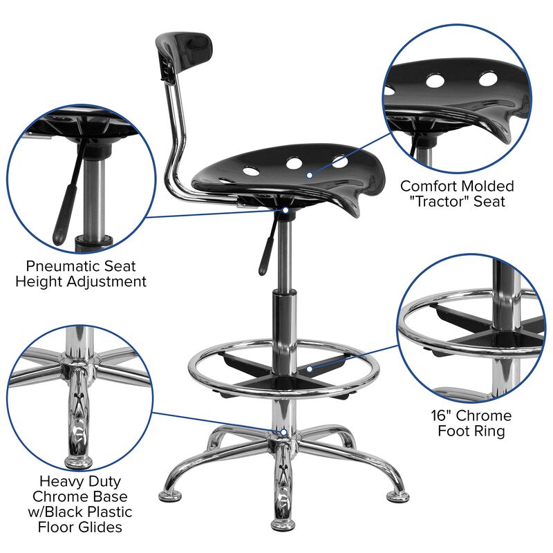 Flash Furniture Bradley Vibrant Black and Chrome Drafting Stool with Tractor Seat