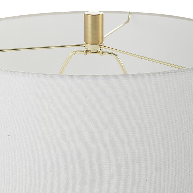 62 Inch Floor Lamp, White Tapered Hardback Shade, Black with Gold Accents - Benzara