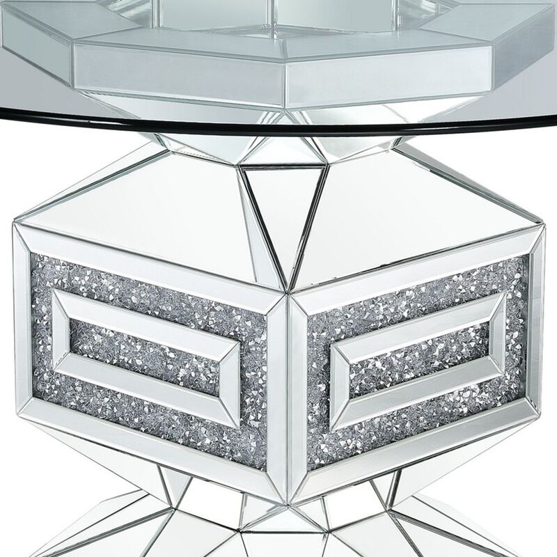 Dining Table with Glass Top and Mirrored Pedestal Base, Silver - Benzara