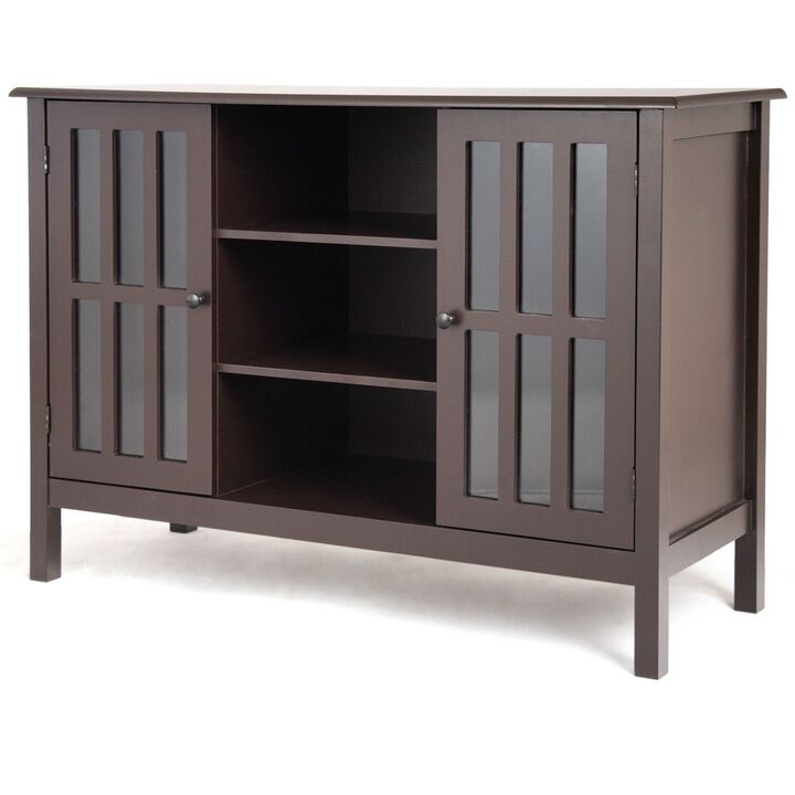 Hivvago Brown Wood Sofa Tale Console Cabinet with Tempered Glass Panel Doors