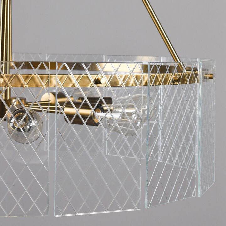 32 Inch Round 8 Light Chandelier, Diamond Lattice, Gold Iron, Clear Glass-Benzara