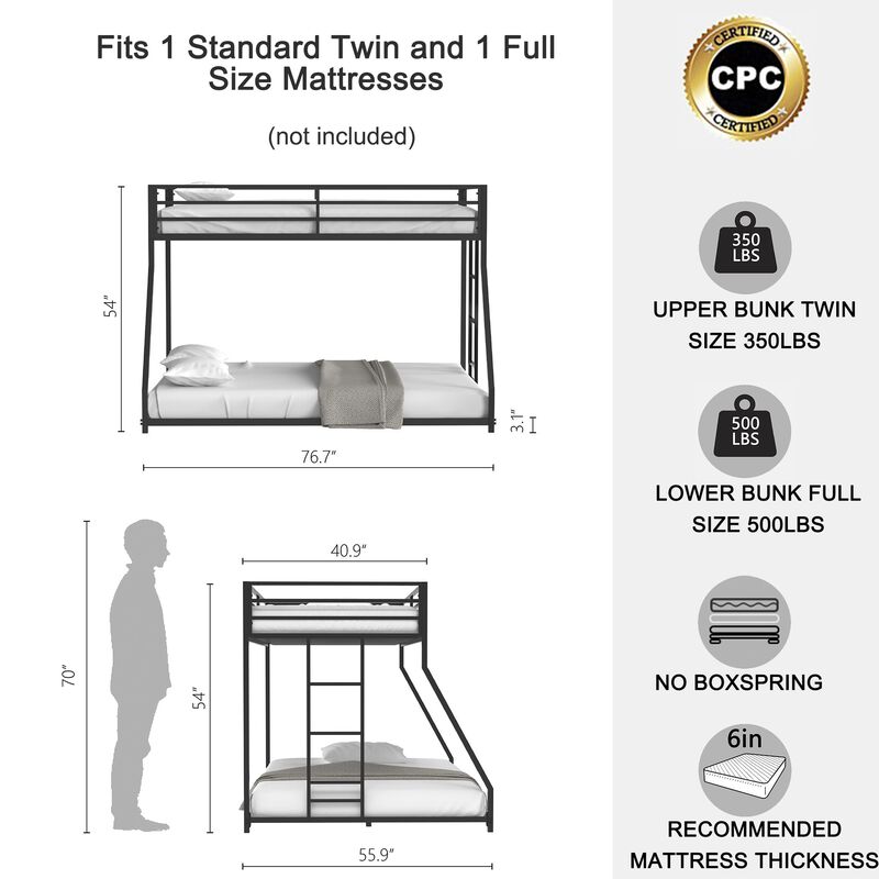 Adam Twin Over Full Metal Bunk Bed Frame, Sturdy Frame with Guardrails, Removable Ladder, No Box Spring Needed, Easy Assembly, Black