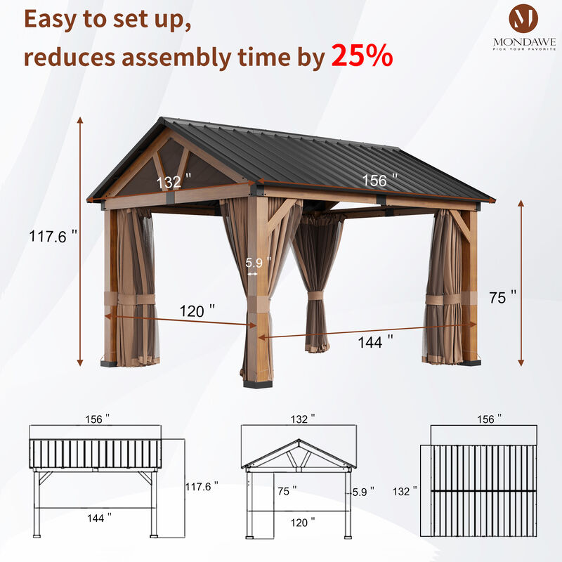 MONDAWE 13 ft. x 11 ft. Patio Hardtop Gazebo Gable Roof  Aluminium Frame Galvanized Steel Top with Curtain and Netting