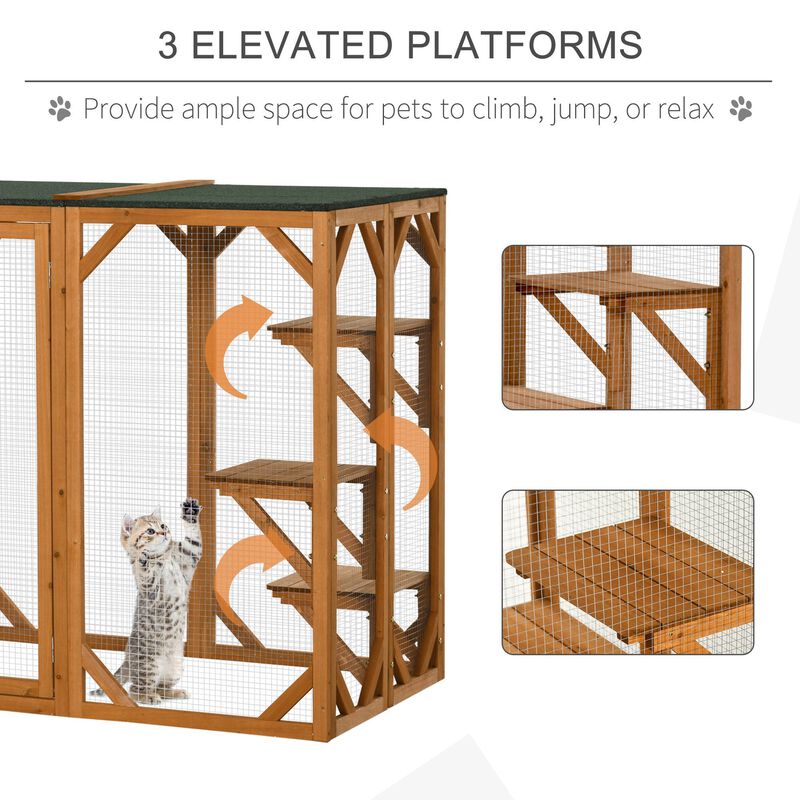 Orange Cat Paradise: 71"L Wooden Outdoor Multi-Level Enclosure