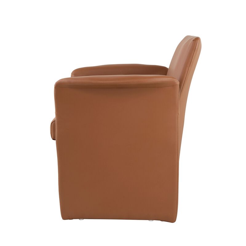 32 Inch Accent Chair, Curved, Extended Back, Caramel Brown Faux Leather - Benzara